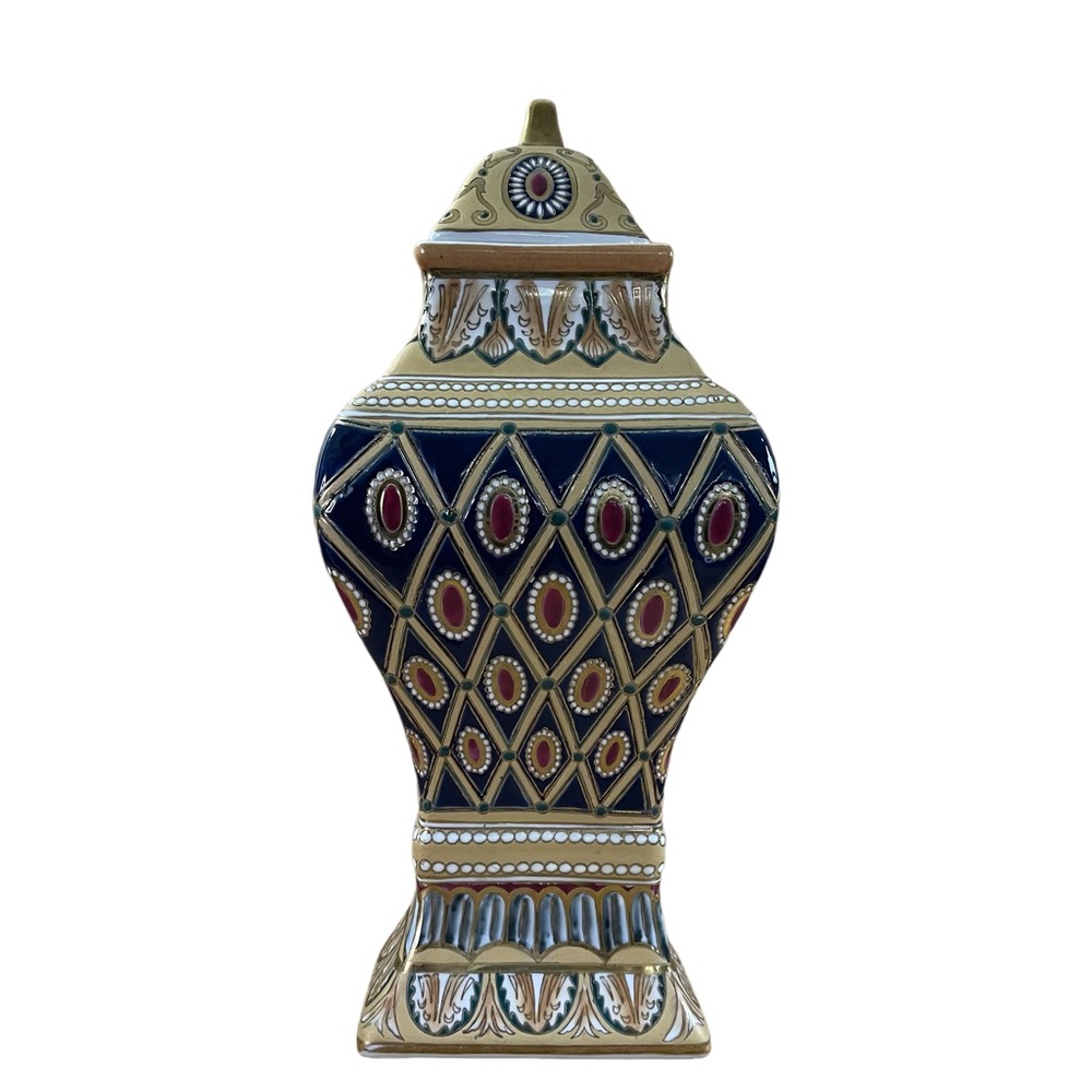 Large Oriental Accent Vase Vintage Green Blue Gold Chinoiserie Tiered Vase